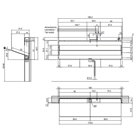 ANTONIO LUPI BATTIGIA Раковина встраиваемая в стену 1800х515х607 мм, с подсветкой, смеситель, донный клапан, сифон, Corian, мрамор Carrara, цвет белый 
