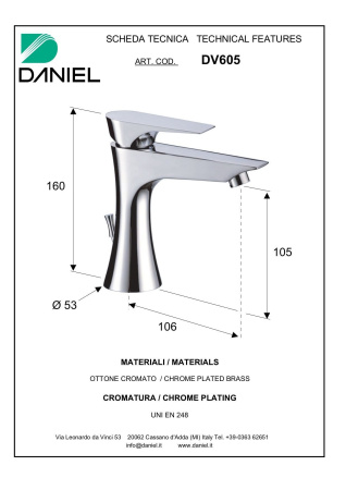 Daniel Diva, однорычажный смеситель для раковины (излив 10,6 см), с донным клапаном, цвет хром 