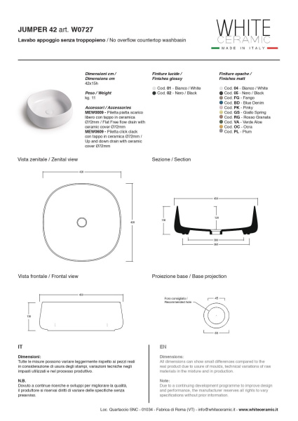 White Ceramic Jumper, накладная квадратная раковина 42x42x15h см, цвет белый глянцевый 