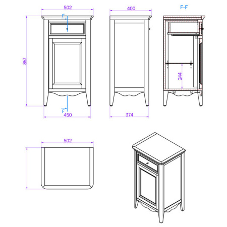 TW Veronica, Тумба 50.2/45*40/37.4*h86.7см, 1 распашная дверка 1 выдвижной ящик, доводчики Blum (петли слева-SX), цвет: bianco, ручки: Riflesso бронза 