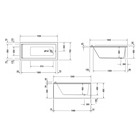 Duravit Starck Ванна акрил прямоугольная 1500х700 мм , встраиваемая или с панелями ,с 1 наклоном для спины, Цвет: белый 