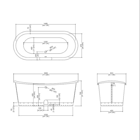 Devon Ambra Ванна чугунная (без отверстий для смесителя),182x81xh70,5cм, свободностоящая, цвет: белый, вн.отделка: листовая медь (без слива-перелива) 
