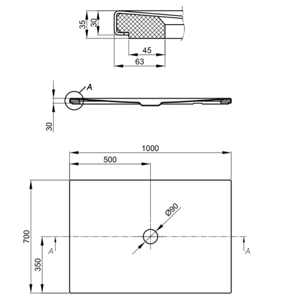 BETTE Душевой поддон прямоугольный  100х70х15 h5,5см, слив D=90 мм, белый 