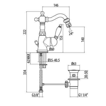 Gattoni Orta Смеситель для биде с высоким изливом, с белой ручкой, с донным клапаном, цвет  (дизайн 2018г) 
