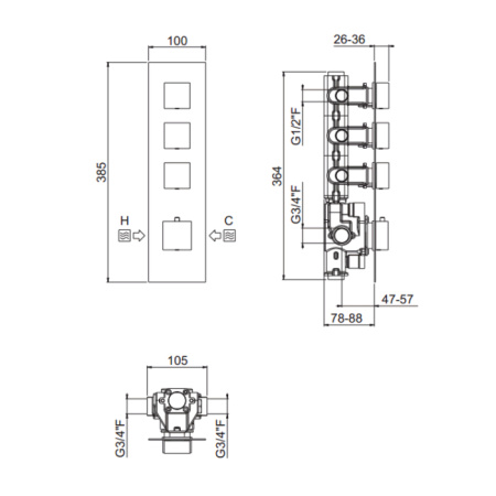 Carimali ILQUADRO Внешняя часть вертикальная термостатического смесителя на 3 потребителя. Квадратная пластина и ручки. хром 