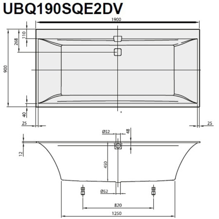 Villeroy&Boch Squaro Edge 12 Ванна 1900*900*450  ножки, слив-перелив цвет  хром и белый, ванна цвет: белый 