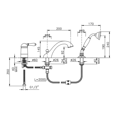 Nicolazzi P.m. Blanc Смеситель на борт ванны на 3 отверстия, с изливом 200мм и ручным душем, ручки белая керамика, цвет: хром 