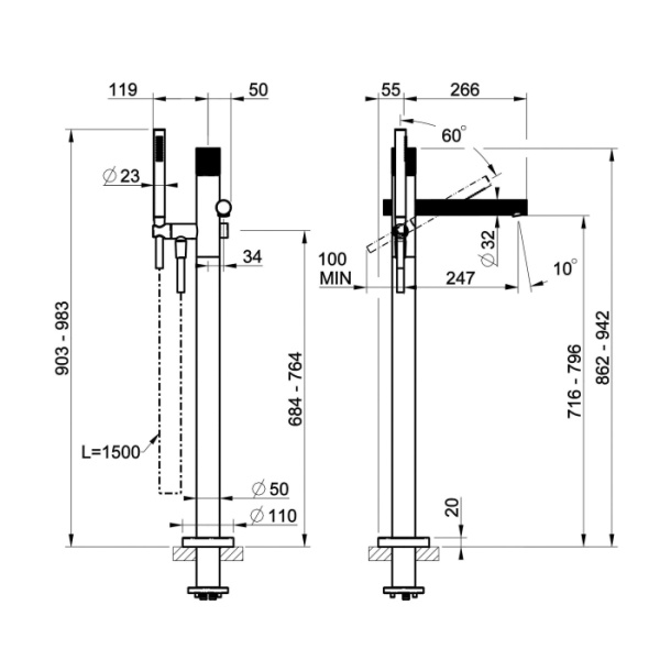 GESSI INCASTRI Смеситель напольный для ванны с ручной лейкой  , излив 247 мм,  цвет: Copper Br. PVD (без внутр части) 