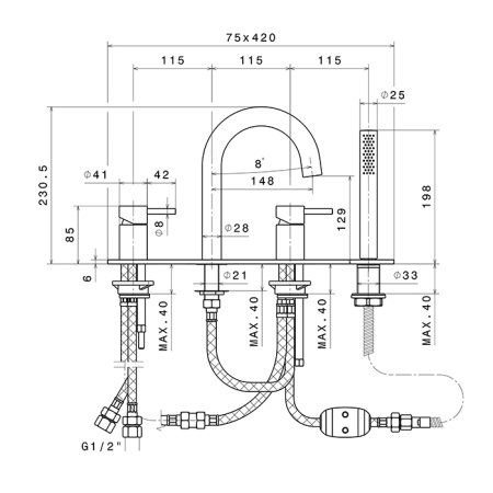 Newform X-Steel Смеситель на борт ванны на 4 отверстия, с изливом, переключателем и ручным душем,  цвет: нержавеющая сталь 
