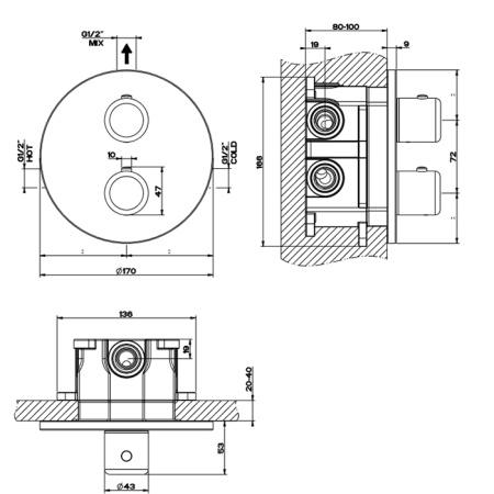 Gessi Goccia Встраиваемый термостат, подключение на 3/4”(внешние части), цвет: белый 