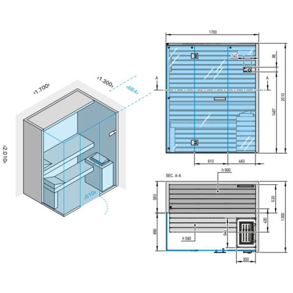 Effegibi Sky Corner 45 Био-Сауна 170x130xh201см, SX, отделка: канадский хемлок 