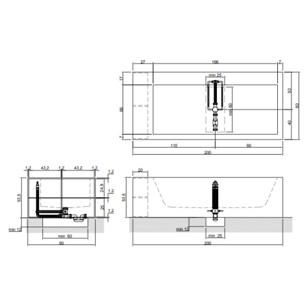 ANTONIO LUPI BIBLIO Ванна прямоугольная (2стороны) 2000х900х535 мм., с нажимным донным клапаном, Corian, цвет белый 