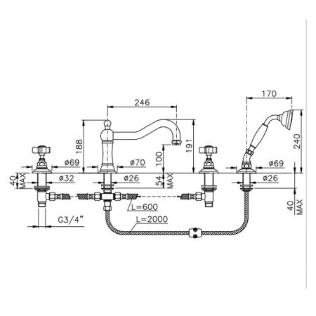 Nicolazzi P.M.Blancl Смеситель на борт ванны с душем на 4 отверствия, излив: 246 мм, цвет: Bronze Plated 