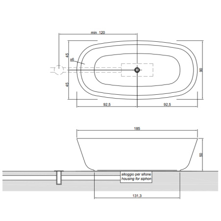 Antonio Lupi Baia Ванна отдельностоящая 185х90х50 см с д/клапаном (хром), без перелива, без сифона, мат-л : нат.камень, цвет: Pietra Stone Grey 
