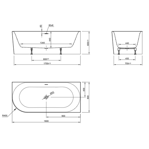 KNIEF Fresh Left Ванна пристенная, угол справа, 180х80х60см, с щелевым переливом, без слив-пер., цвет белый (прод.со сливом 0100-091-06WG белый глянц) 