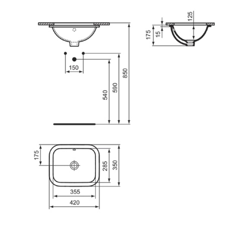Ideal Standard Connect Раковина 420х350 мм, прямоугольная, встриваемая снизу без отв. под смес., с крепежом, цвет: белый глянец 
