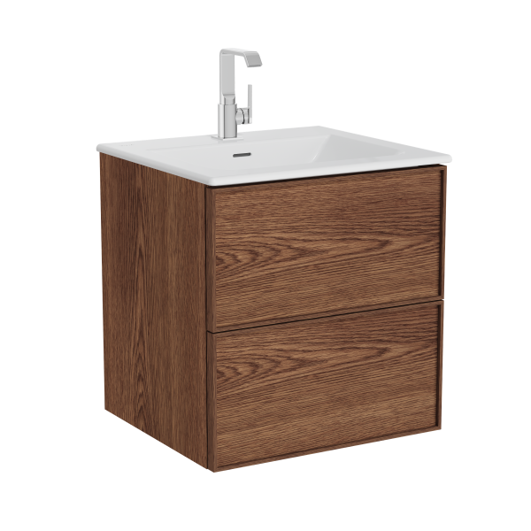 Тумба Metropol Edge с раковиной c 2мя ящиками, с подсветкой в верхнем ящике, 60 см, цвет ореховое дерево (натуральнй шпон) 