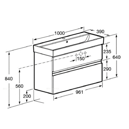 Roca OLETA Тумба подвесная 961х374х548 мм. для раковины 1000 мм, с 2 ящиками, белый глянец 