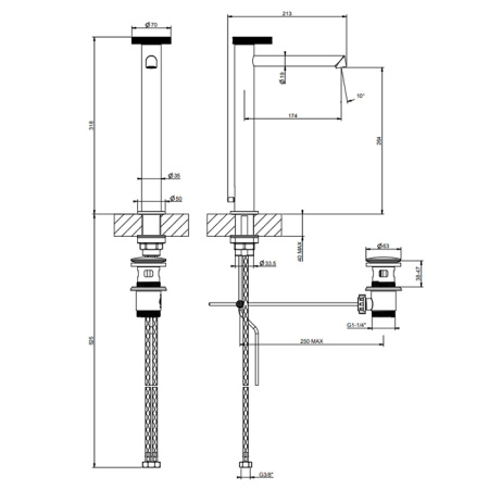 Gessi Anello Смеситель для раковины высокий с длинным изливом, с донным клапаном, цвет: Black XL 