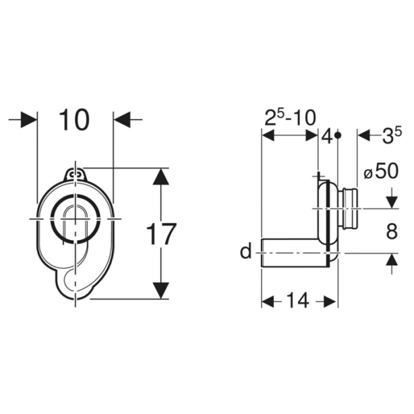 Geberit Сифон для писсуара d50, горизонтальный выпуск, пластик 