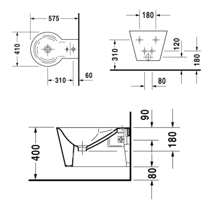 Duravit  Биде подвесное, с креплениями Durafix, с 1 отв под смеситель, цвет белый 