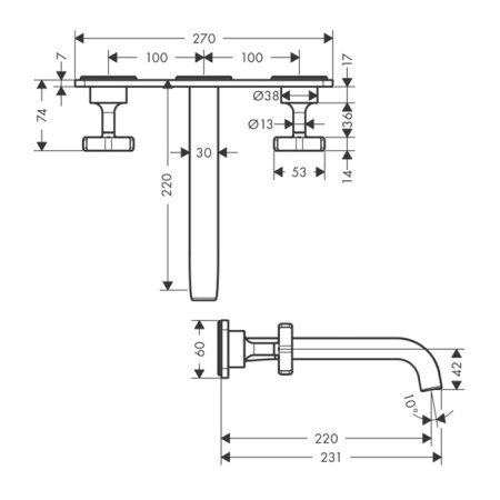 AX Citterio E Встраиваемый смеситель для раковины, на 3 отв., с панелью, излив 220мм, с незапираемым донным клапаном (внешняя часть), цвет: шлифованны 