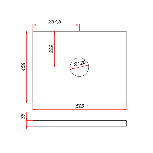 Столешница пластик HPL 38 мм Туя,1 вырез, (с наметками под 1 вырез), 595х458 мм 