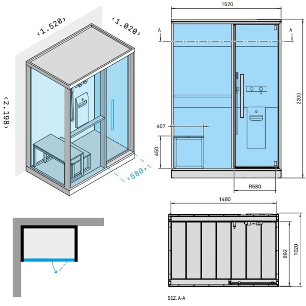 Effegibi H Medium Хаммам с душем, угловой L.H., SX, 152x102xh220см, отделка: Soft Sand 