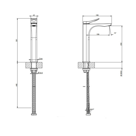 GESSI Rilievo Смеситель для раковины на 1 отв. без донного клапана  h=301мм, излив 159мм , цвет: nero XL 
