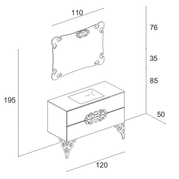 Eurolegno Glamour раковина-моноблок стеклянный 120,6х50,2см без перелива, с 1отв. под смеситель, отделка FOGLIA ORO 