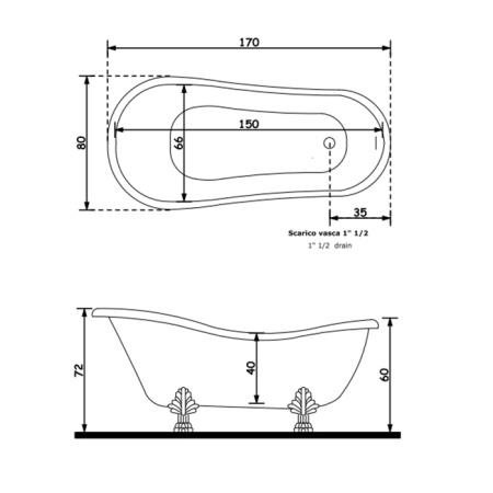 Tresse Epoca Ванна из композита отдельностоящая 170х80хh72/60 см в комплекте: ножки (4 шт.), слив-перелив, цвет ванны: белый, фурнитура: бронза 