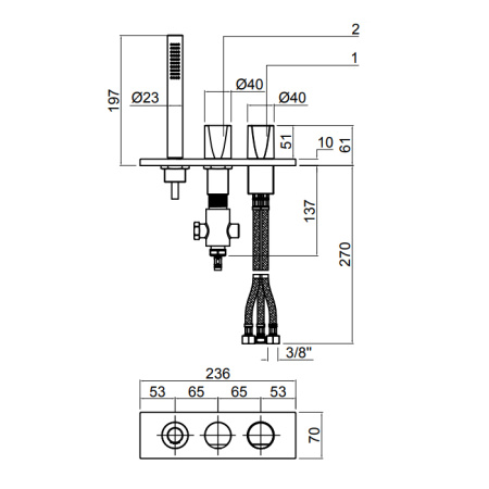 ANTONIO LUPI INDIGO Смеситель на борт ванны на 3 отверстия, без излива, с ручным душем, цвет графит 