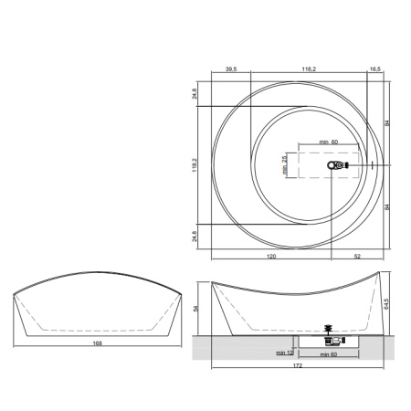 ANTONIO LUPI DUNE Ванна отдельностоящая 1720х1680х645 мм., с нажимным донным клапаном, сифоном и гибким шлангом, Cristalplant, цвет белый 