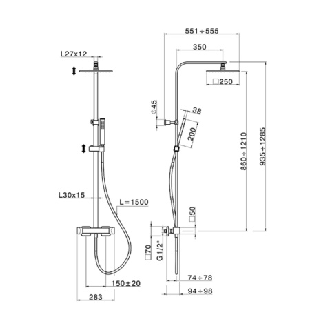 CISAL HI-RISE Душевая стойка с термостатическим смесителем, верхним душем 300х300 мм., ручным душем и шлангом, цвет хром 