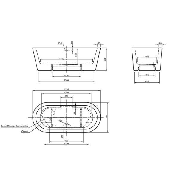 Knief Hot Ванна отдельностоящая 180х80х60см, с щелевым переливом, сливной клапан -хром, цвет белый глянец 
