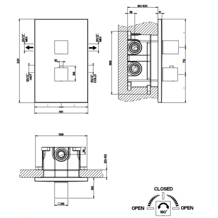 Gessi Rettangolo Встраиваемый термостат, подключение на 3/4”, с переключателем на 2 выхода(внешние части), цвет: хром 
