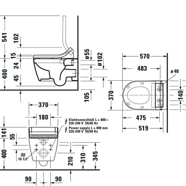 DURAVIT Me by Starck Унитаз подвесной безободковый 570х370 мм,  для крышки-биде Sensowash, с креплением, цвет белый 