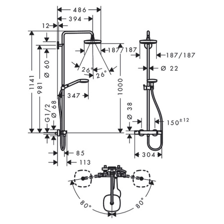 HG Croma Select E Душевая система Showerpipe: верх.душ 180 2jet, ручн.душ, шланг, термостат для душа, цвет: белый/хром 