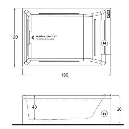 Treesse Soul Ванна 180x120x60h см.с гидромассажем эл-ое упр-е и дренаж, дезинфекция, 18 форсунок, подушка, установка к стене, 560л,белый 