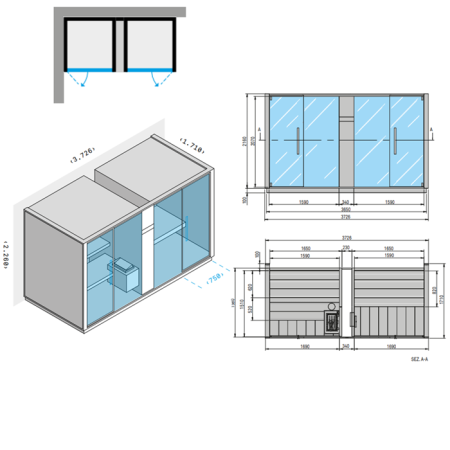 Effegibi Logica SH Сауна & Хаммам система, угловая SX, 373x171xh226см, отделка: Soft Sand 