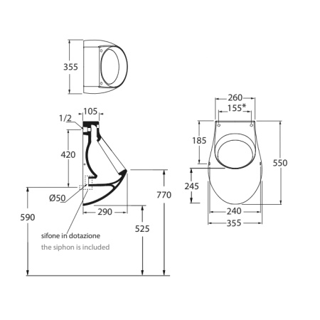 AZZURRA NUVOLA Писсуар настенный 55х35,5см без отверстий для крышки, с креплением/сифоном, цвет белый 