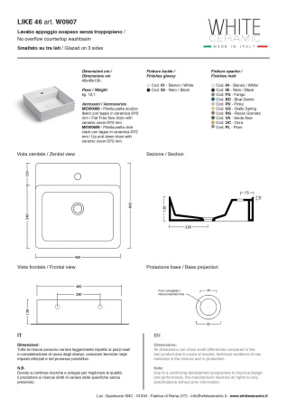 White Ceramic Like, накладная/подвесная прямоугольная раковина с отверстием п/с 46x46x13h см, цвет белый глянцевый 
