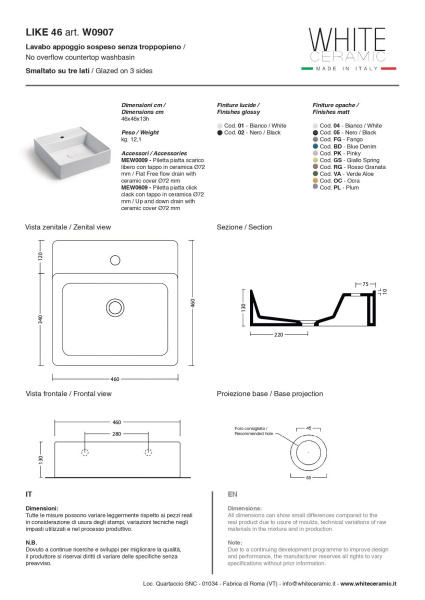 White Ceramic Like, накладная/подвесная прямоугольная раковина с отверстием п/с 46x46x13h см, цвет белый глянцевый 