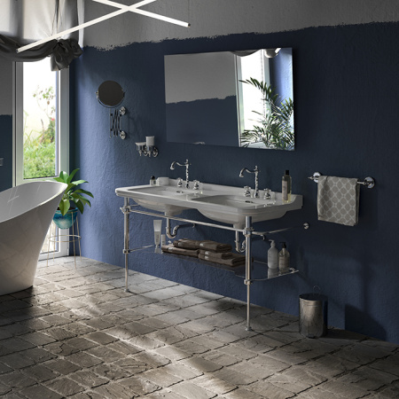 Kerasan Waldorf Раковина керамическая двойная 150х55см, c 3 отверстием под смеситель, белая, цвет заглушки - хром 