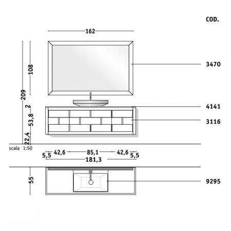 VITAGE milldue edition Раковина LONDRA 700х500х125 мм., керамическая, без перелива, c 1 отверстием для смесителя, цвет белый/платина 