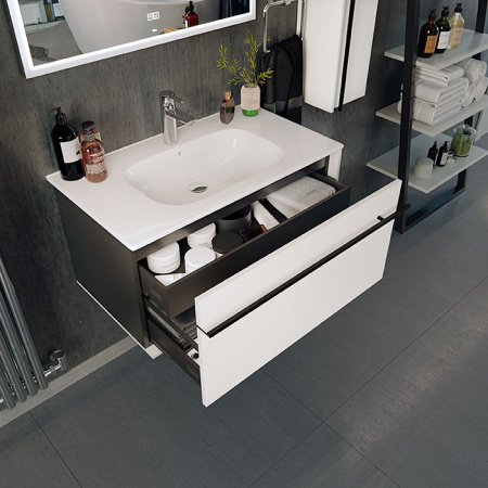 Roca ANETO Тумба подвесная 785x450x429 мм. для раковины 800 мм, с 2 ящиками(внешний и внутренний), белый глянец/черный матовый (7857430806) 