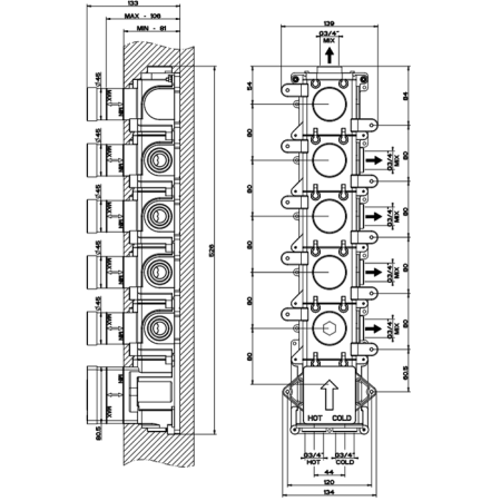 Gessi Внутренняя часть встраиваемого термостатического смесителя с 5ю независимыми выходами 