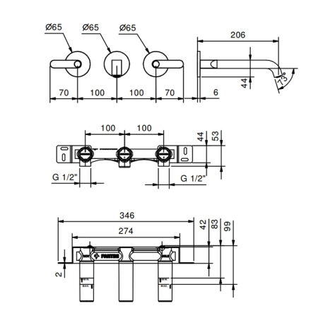 Fantini Icona Deco Смеситель для раковины, встраиваемый, на 3 отв, без донного клапана, излив 200мм (наружняя часть), цвет: черный матовый 