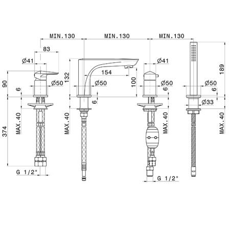 Newform Delta Zero Смеситель на борт ванны на 4 отверстия, с изливом, переключателем и ручным душем,  цвет:  PVD copper bronze 