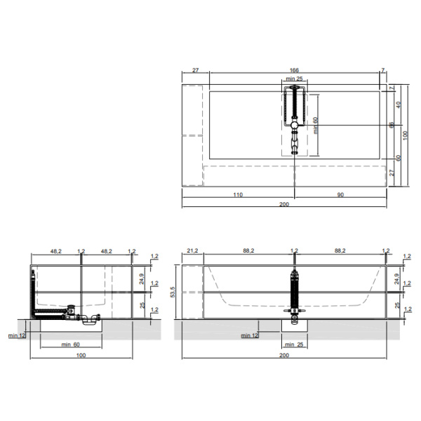 ANTONIO LUPI BIBLIO Ванна отдельностоящая 2000х1000х535 мм., левая, с открытыми нишами, с ножками и нажимным донным клапаном, Corian, цвет белый 